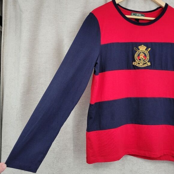 Lauren Ralph Lauren Red Navy Stripe Rugby Style Equestrian Club Tee Vintage - Picture 4 of 8